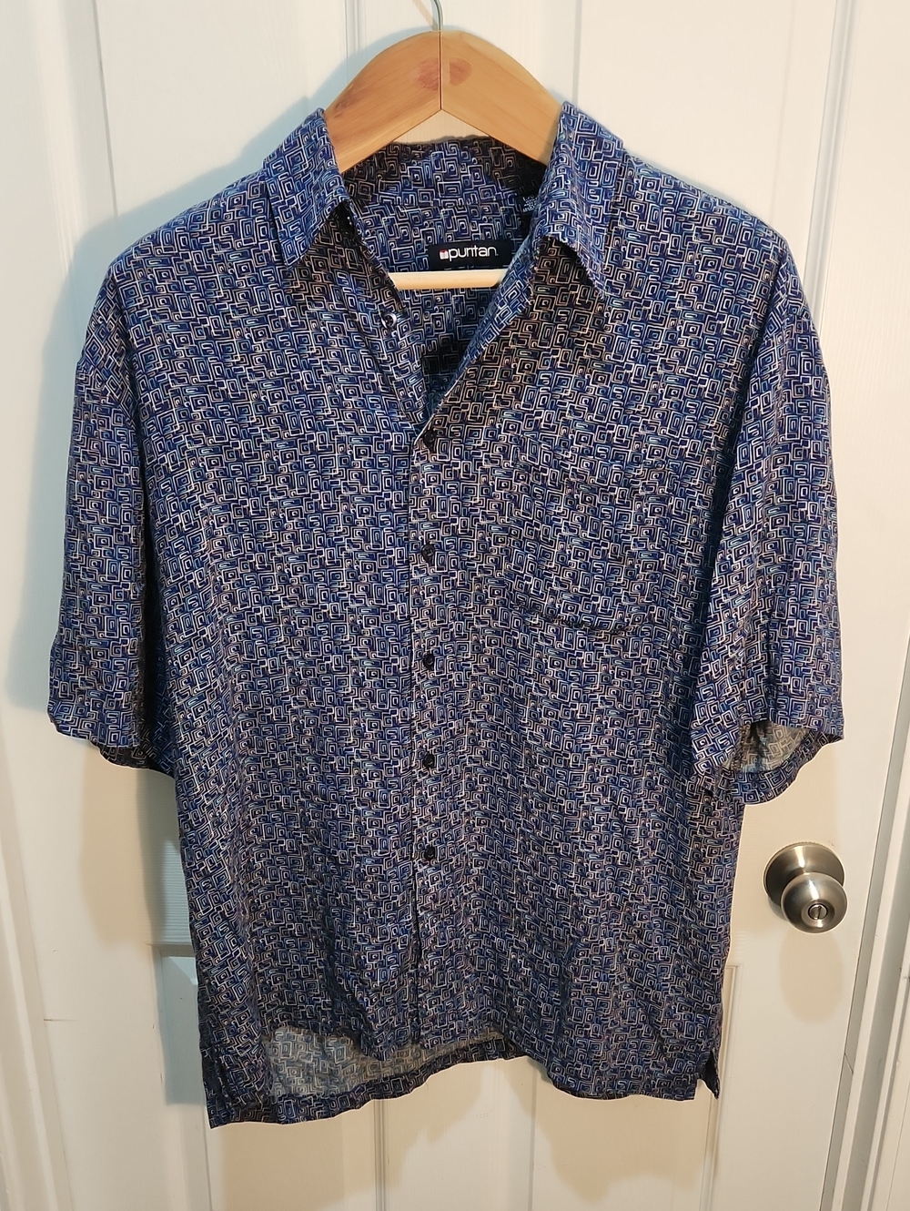Puritan Blue Geometric Short Sleeve Button-Down Shirt